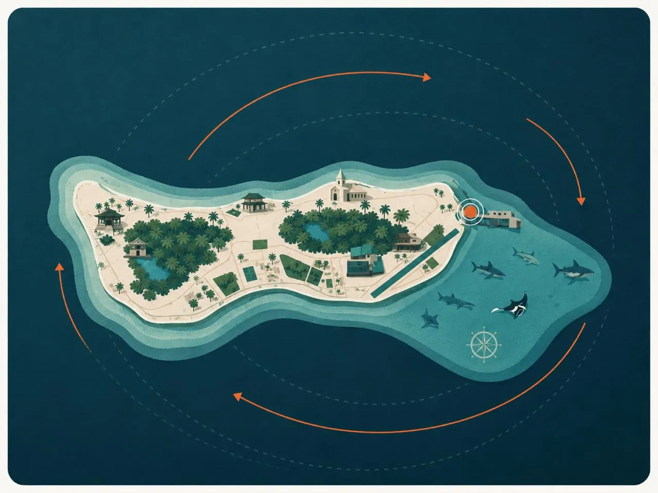 Illustrated map of Fuvahmulah showing the island, surrounding currents, and the shark encounter side of the reef